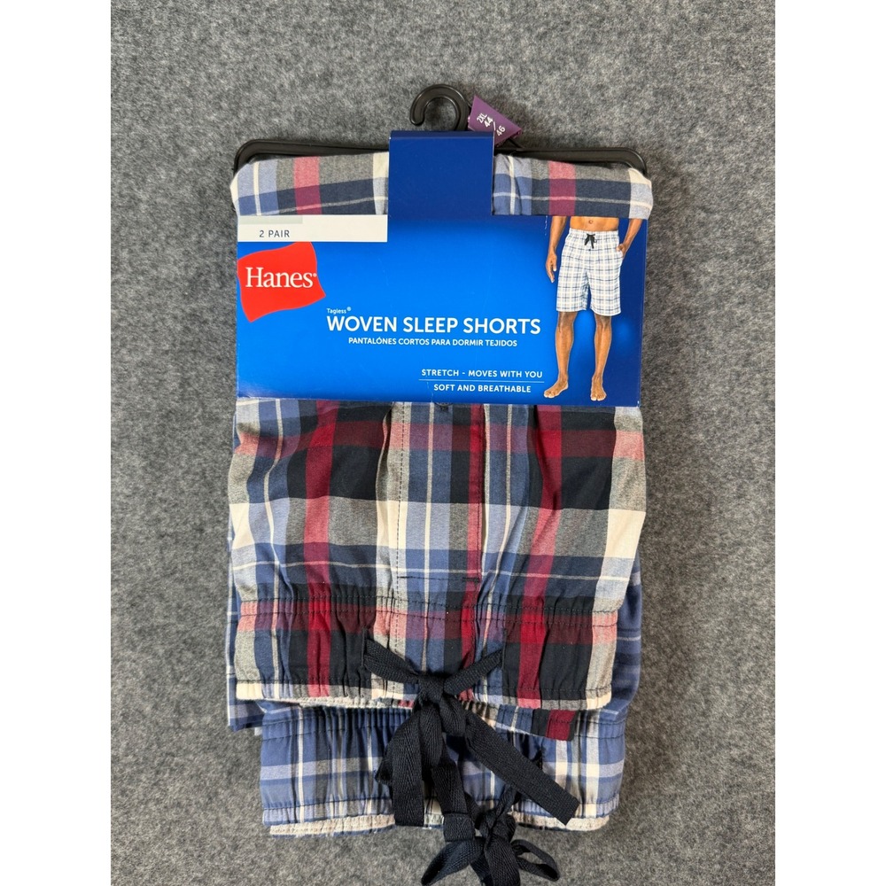 Hanes Woven Sleep Shorts Men 2XL Blue Red Plaid NWT 2-Pack Stretch Pajamas